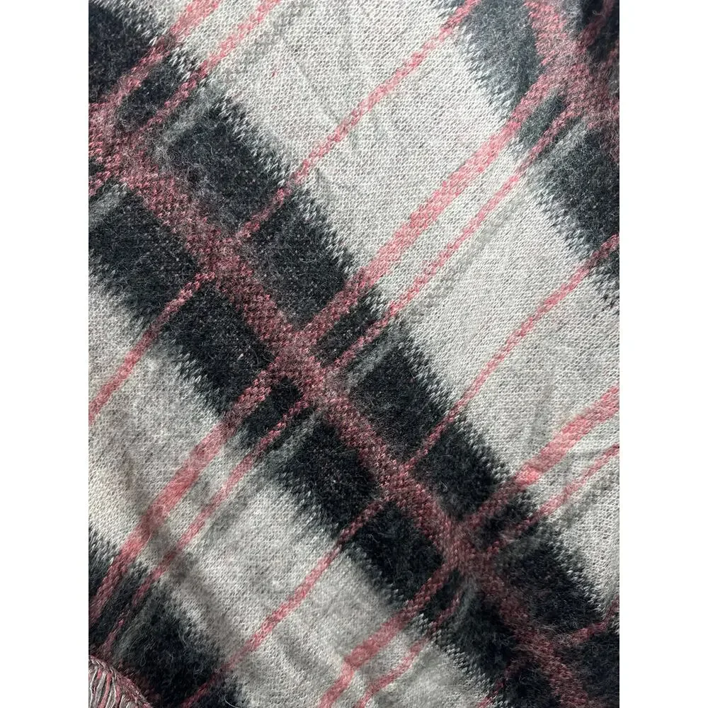Lucky Brand Plaid Pink Gray Cardigan Shawl Fringe Sweater Jacket Size‎ Large - Picture 2 of 3